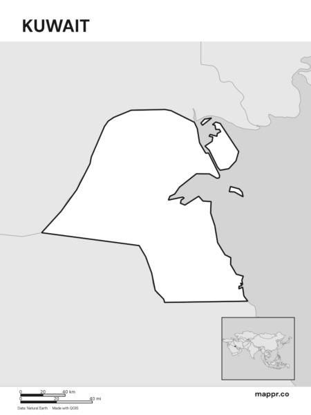 Outline map of Kuwait with detailed country borders (black and white).