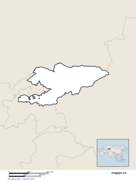 Blank political map of Kyrgyzstan showing its international borders without labels.