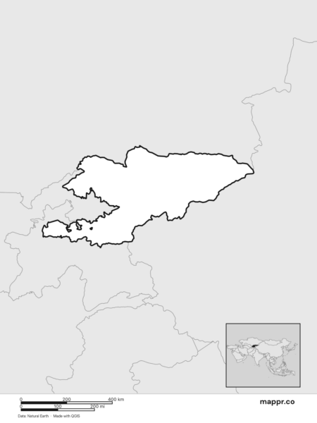 Blank political map of Kyrgyzstan showing its international borders without labels (black and white).