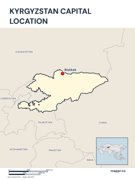 Detailed map pinpointing Bishkek, the capital of Kyrgyzstan.