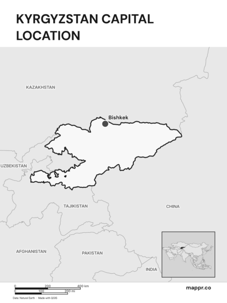 Detailed map pinpointing Bishkek, the capital of Kyrgyzstan (black and white).