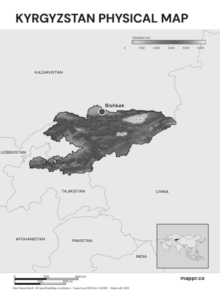 Map featuring Bishkek, the capital of Kyrgyzstan, with rich topographical detail (black and white).