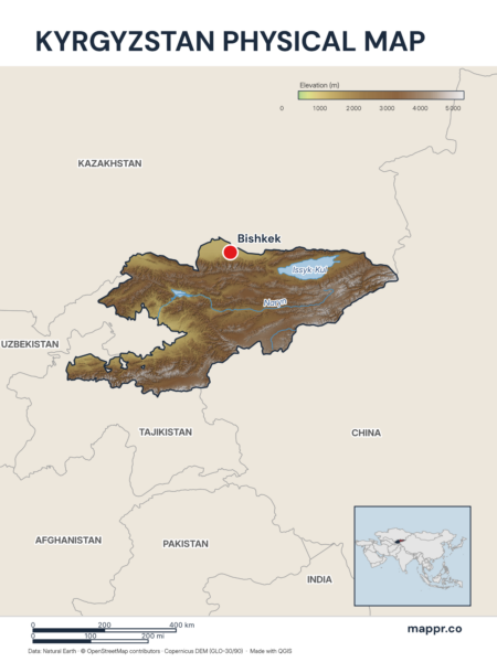 Map featuring Bishkek, the capital of Kyrgyzstan, with rich topographical detail.