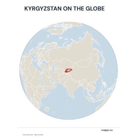 A map highlighting Kyrgyzstan's location on a globe, marked with a red outline.