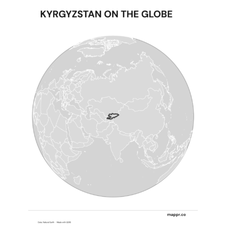 A map highlighting Kyrgyzstan's location on a globe, marked with a red outline (black and white).