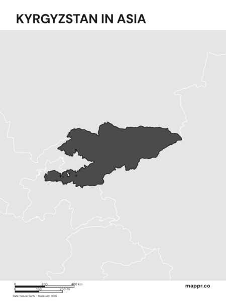 A map highlighting Kyrgyzstan's location on the asian continent (black and white).