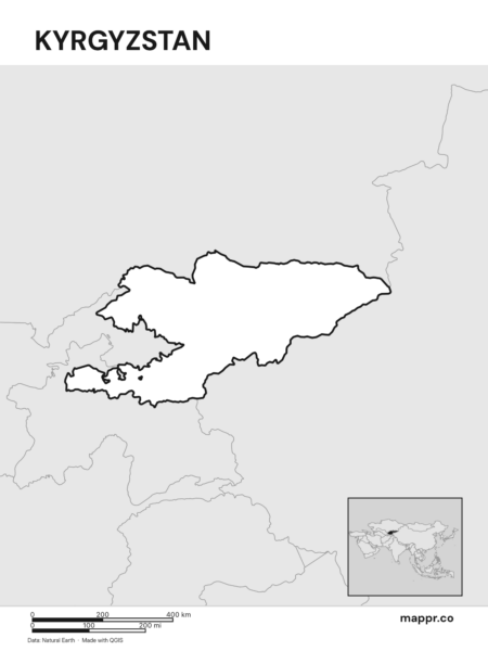 Outline map of Kyrgyzstan with detailed country borders (black and white).