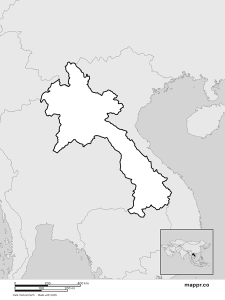Blank political map of Laos showing its international borders without labels (black and white).
