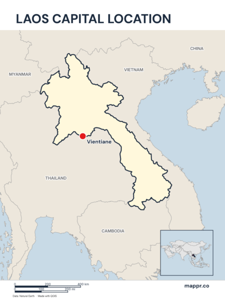 Detailed map pinpointing Vientiane, the capital of Laos.