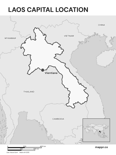 Detailed map pinpointing Vientiane, the capital of Laos (black and white).