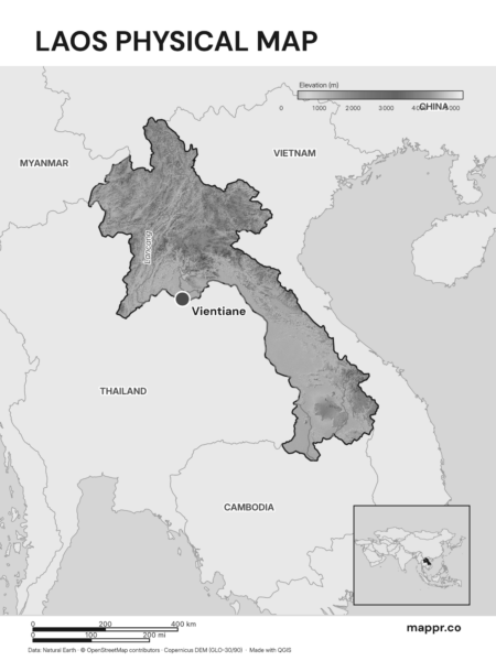 Map featuring Vientiane, the capital of Laos, with rich topographical detail (black and white).