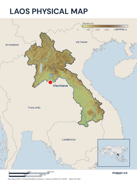 Map featuring Vientiane, the capital of Laos, with rich topographical detail.