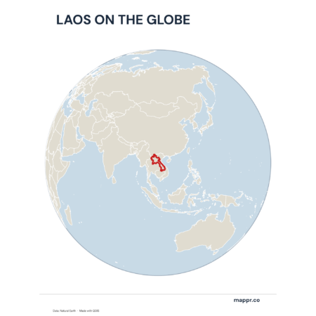 A map highlighting Laos's location on a globe, marked with a red outline.