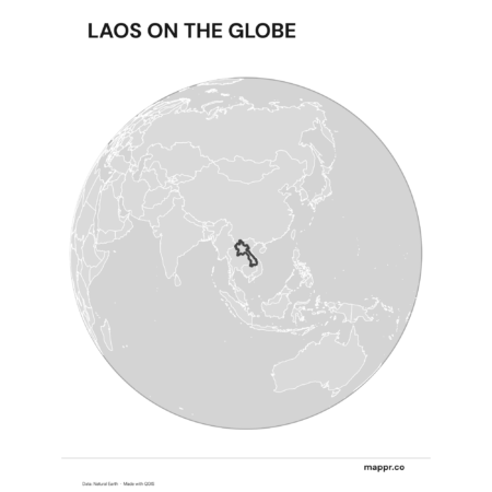 A map highlighting Laos's location on a globe, marked with a red outline (black and white).