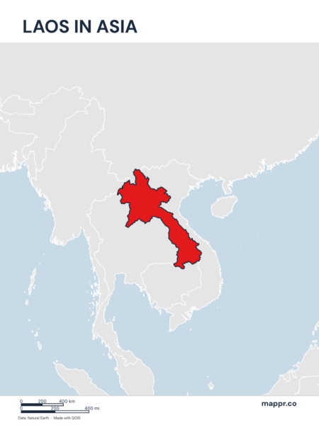 A map highlighting Laos's location on the asian continent.