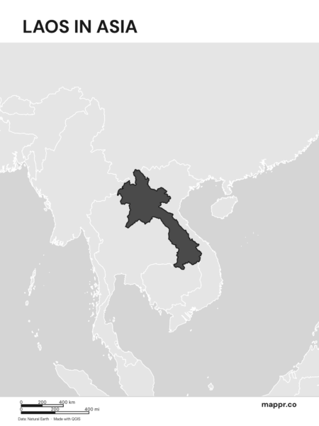 A map highlighting Laos's location on the asian continent (black and white).