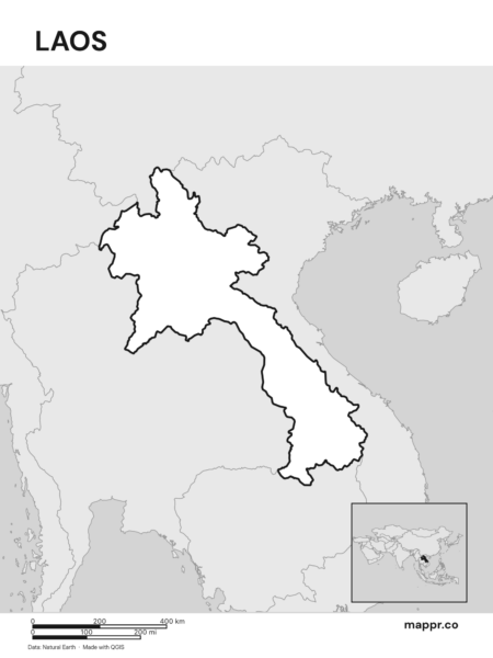 Outline map of Laos with detailed country borders (black and white).