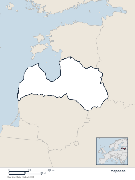 Blank political map of Latvia showing its international borders without labels.