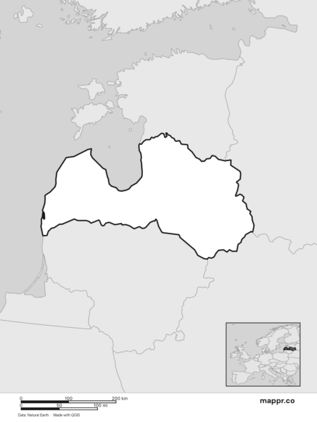 Blank political map of Latvia showing its international borders without labels (black and white).