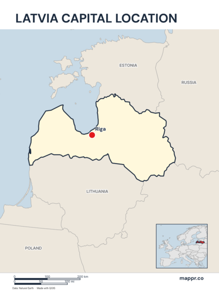 Detailed map pinpointing Riga, the capital of Latvia.