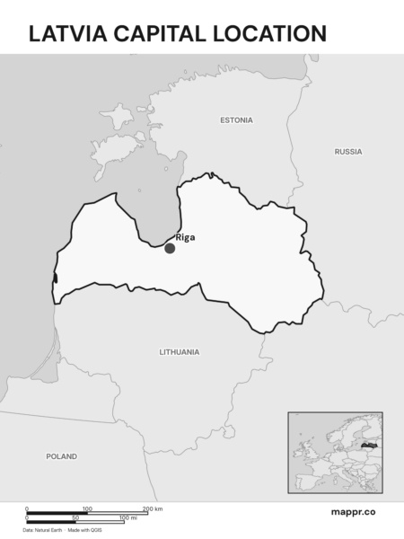 Detailed map pinpointing Riga, the capital of Latvia (black and white).