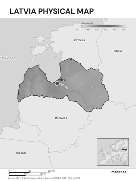 Map featuring Riga, the capital of Latvia, with rich topographical detail (black and white).