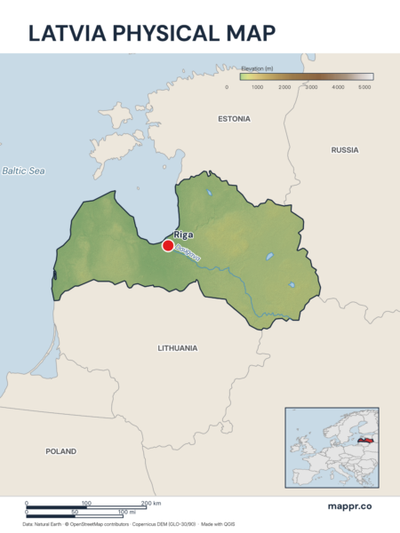 Map featuring Riga, the capital of Latvia, with rich topographical detail.