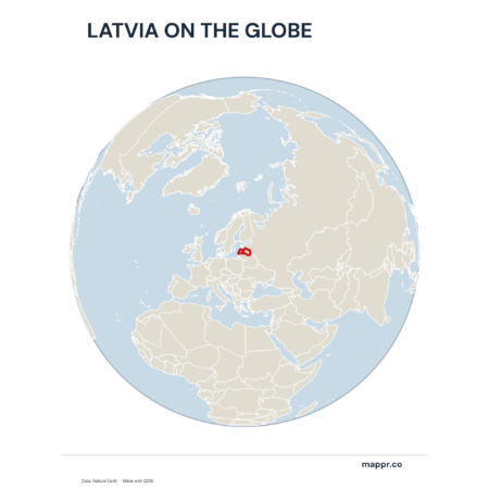 A map highlighting Latvia's location on a globe, marked with a red outline.