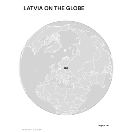 A map highlighting Latvia's location on a globe, marked with a red outline (black and white).
