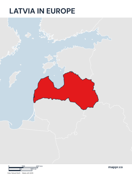 A map highlighting Latvia's location on the european continent.