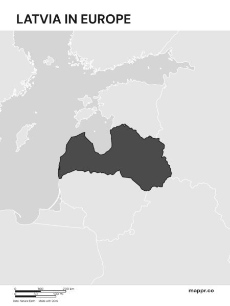 A map highlighting Latvia's location on the european continent (black and white).
