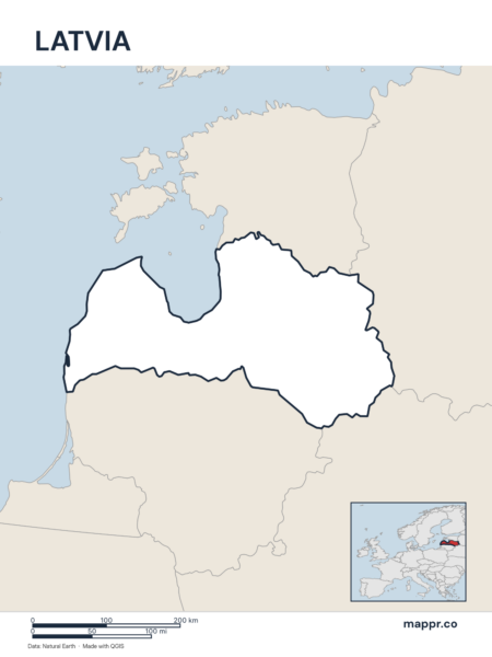 Outline map of Latvia with detailed country borders.