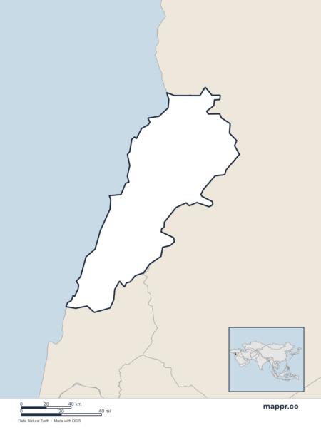 Blank political map of Lebanon showing its international borders without labels.