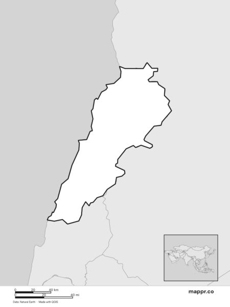 Blank political map of Lebanon showing its international borders without labels (black and white).