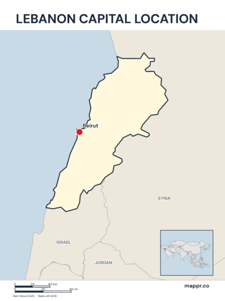 Detailed map pinpointing Beirut, the capital of Lebanon.