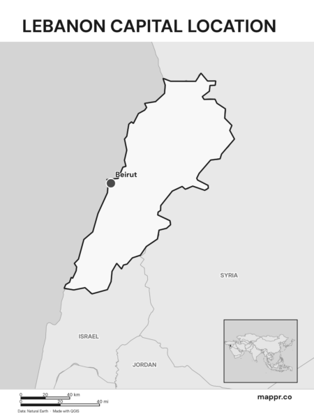 Detailed map pinpointing Beirut, the capital of Lebanon (black and white).