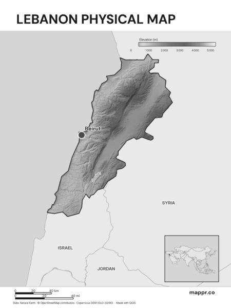Map featuring Beirut, the capital of Lebanon, with rich topographical detail (black and white).