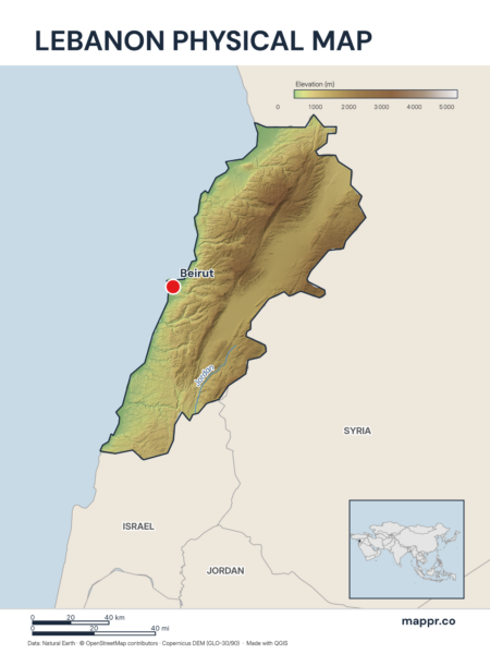 Map featuring Beirut, the capital of Lebanon, with rich topographical detail.