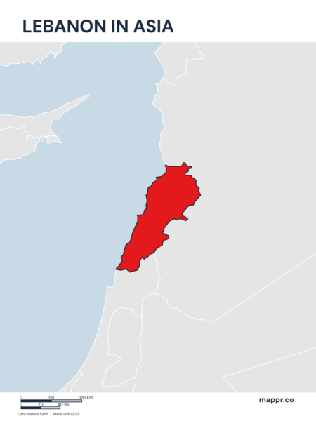 A map highlighting Lebanon's location on the asian continent.