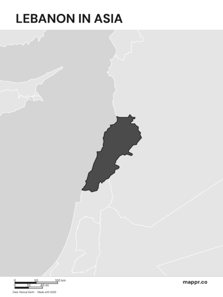A map highlighting Lebanon's location on the asian continent (black and white).