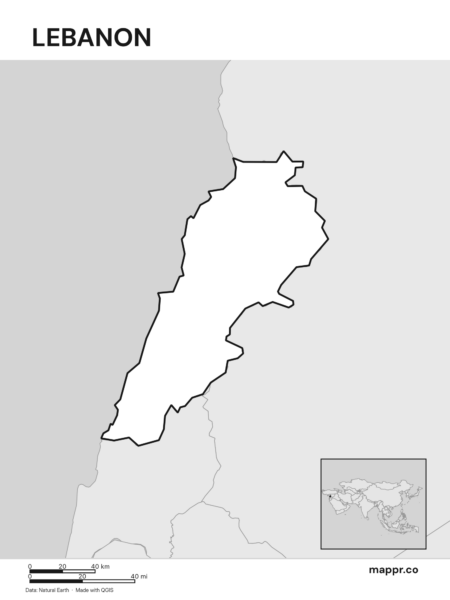 Outline map of Lebanon with detailed country borders (black and white).