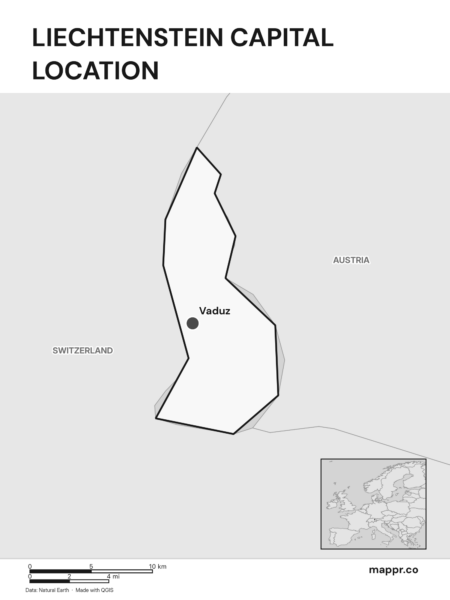 Detailed map pinpointing Vaduz, the capital of Liechtenstein (black and white).