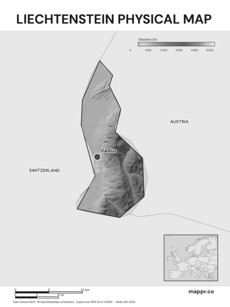 Map featuring Vaduz, the capital of Liechtenstein, with rich topographical detail (black and white).