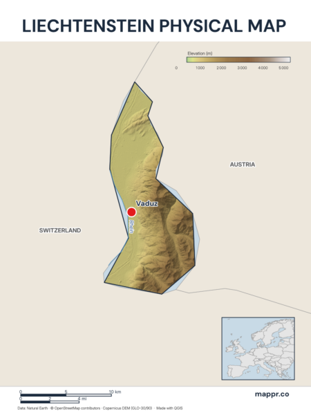 Map featuring Vaduz, the capital of Liechtenstein, with rich topographical detail.