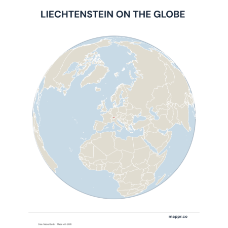 A map highlighting Liechtenstein's location on a globe, marked with a red outline.