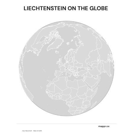 A map highlighting Liechtenstein's location on a globe, marked with a red outline (black and white).