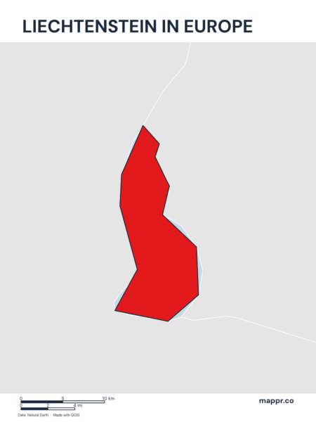 A map highlighting Liechtenstein's location on the european continent.