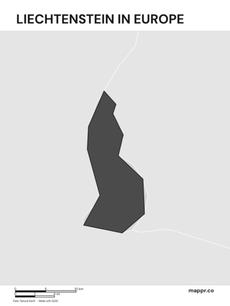 A map highlighting Liechtenstein's location on the european continent (black and white).