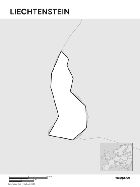 Outline map of Liechtenstein with detailed country borders (black and white).