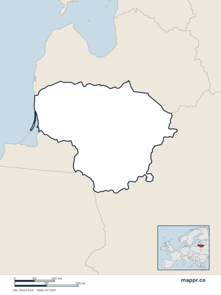Blank political map of Lithuania showing its international borders without labels.